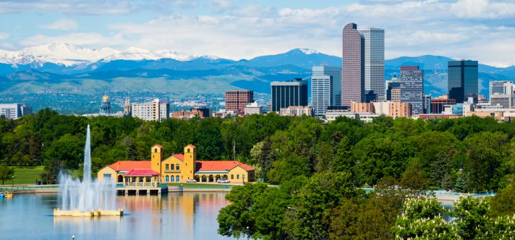 Beautiful Denver skyline with snow-capped mountains in the background