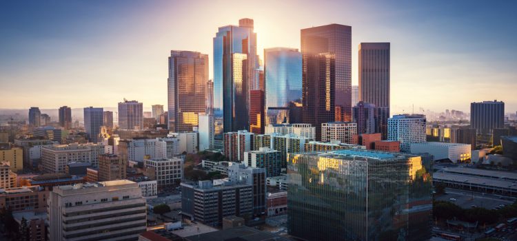 an image of a charter bus with the champion charter bus logo and the los angeles skyline in the background