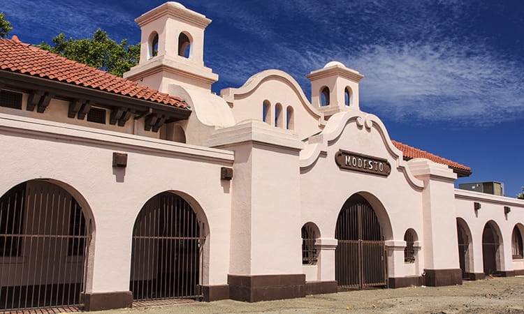 exterior of a Spanish architecture-style building in Modesto, California